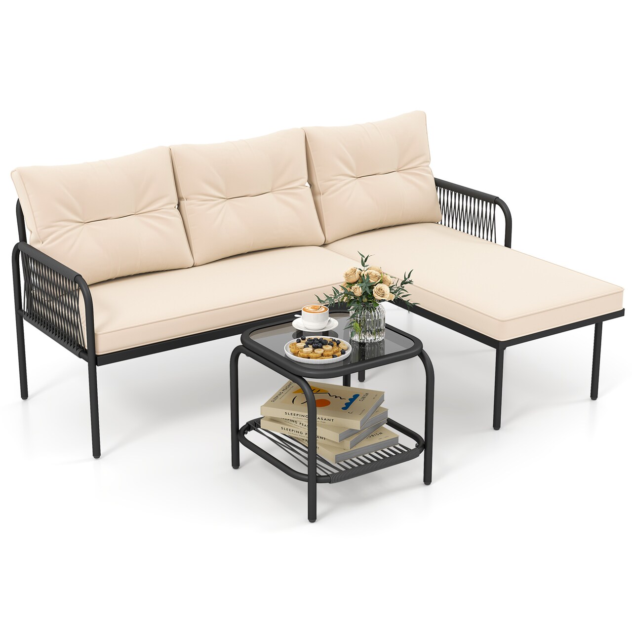3-Piece Small Outdoor Sectional Sofa Set with Hand-Woven Rattan and Removable Cushions